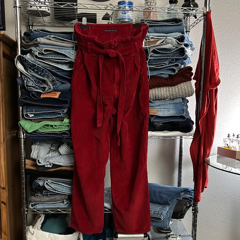 Vibrant Red Corduroy High-Waist Pants